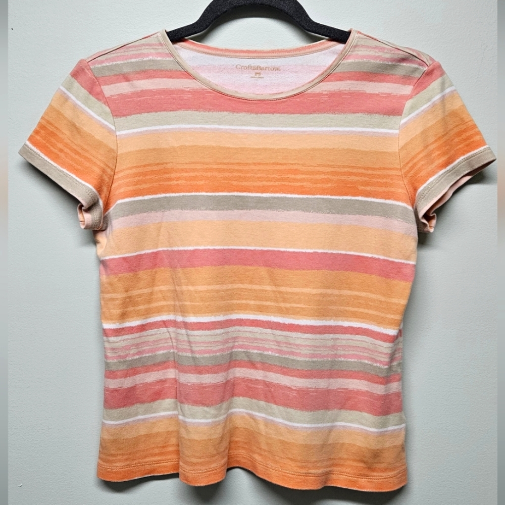 Croft & Barrow Striped Short Sleeve Cotton Shirt Pink Peach Orange PS